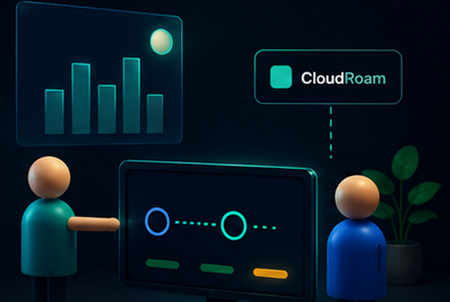 Two colleagues reviewing the CloudRoam recovery console in their office