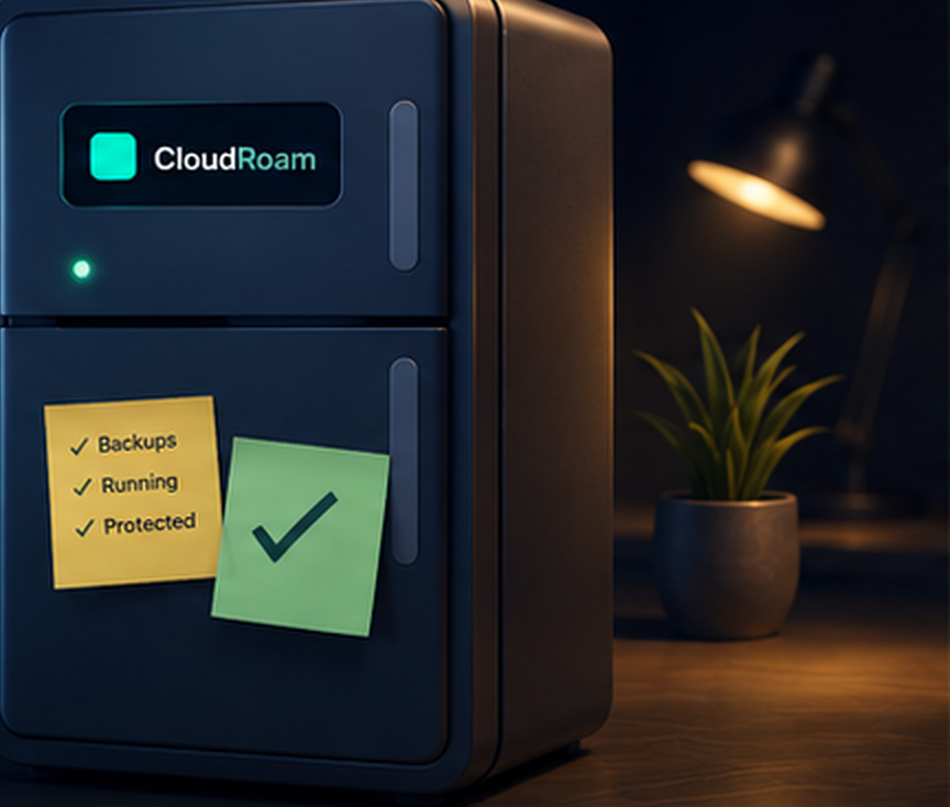 The CloudRoam appliance in an office corner with backups running and protected status notes